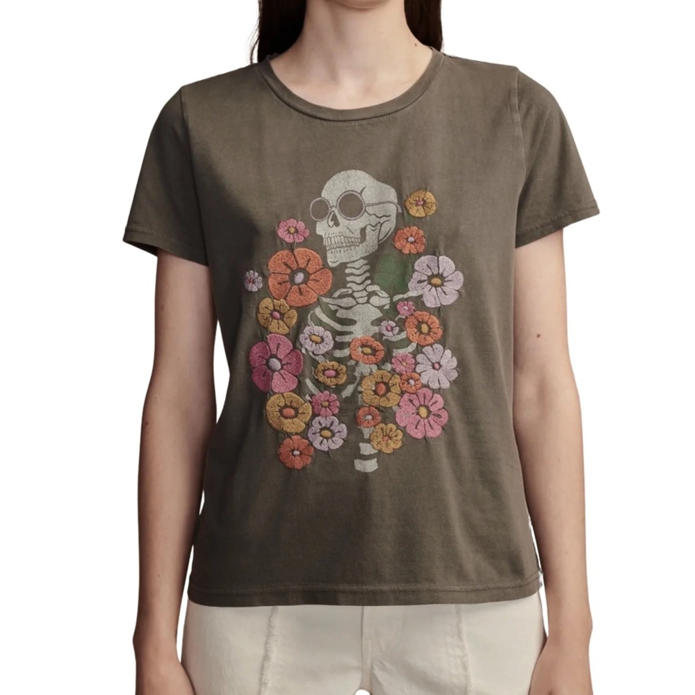 Lucky Brand Embroidered Floral Skeleton Tee Grey